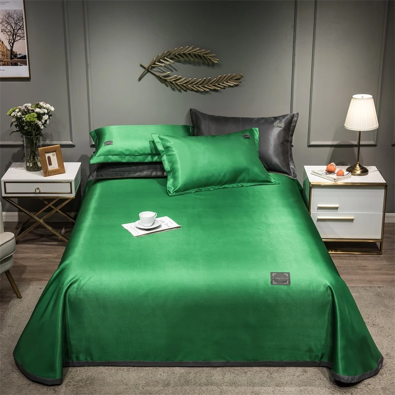 2021 Newest Products Pure Color Embroidered ice Silk Mat Bed Cover fitted sheet Pillowcases 3 pcs Luxury Bedding Green Color