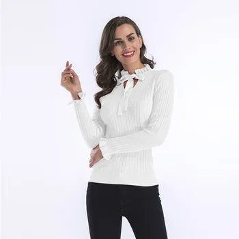 

Female Lotus Leaf Collar Lace Up Sweaters Women Long Sleeve Knitted Sweater 2020 Autumn Winter Femme Soft Slim Pullovers Tops