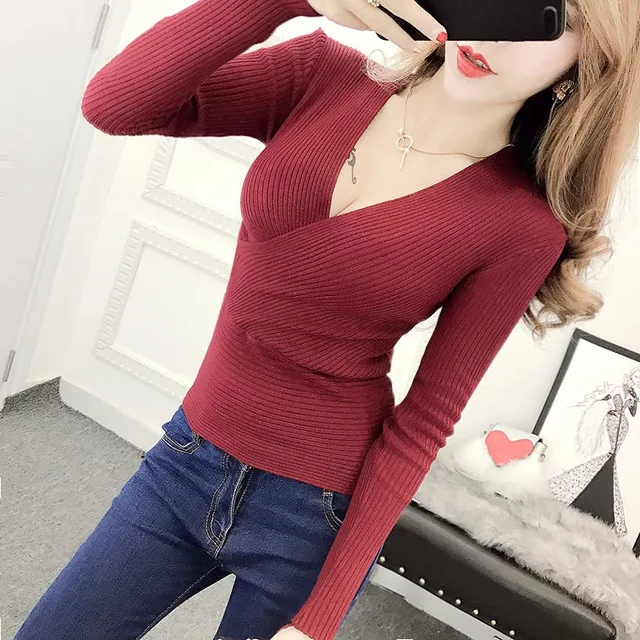 2022 Spring Sexy V-Neck Women Sweater Tops T-shirt Knitted Long Sleeve Thread Bottoming Slim Sweaters Pullover Jumper Soft Warm Wine Red