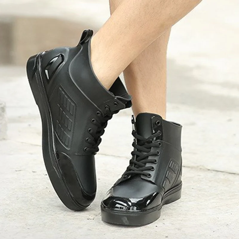 

Dwayne Men's Rainboots Waterproof Spring Winter Rain Shoes Men Rain Boy Water Rubber Black Ankle Boots Lace-Up Shoes 745