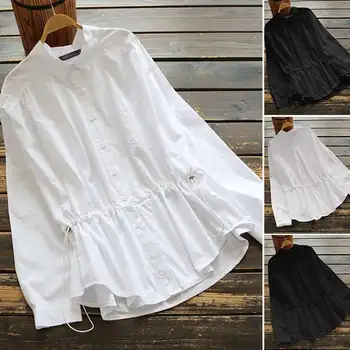

ZANZEA Women Blouse Buttons Down Elastic Waist Offic Lady Work White Shirts 2020 Vintage Cotton Long Sleeve Tunic Blusas Chemise