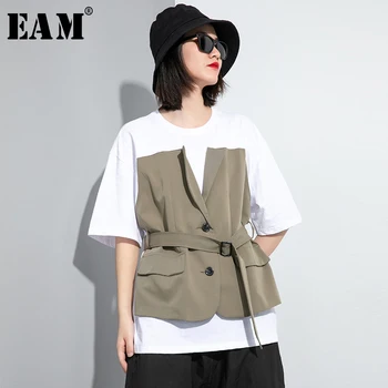 

[EAM] Women Green Bandage False Two Big Size T-shirt New Round Neck Half Sleeve Fashion Tide Spring Summer 2020 1U024