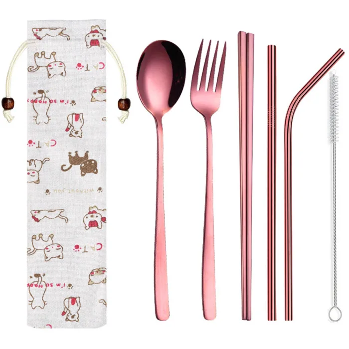 Stainless Steel Cutlery Set Five-piece Suit Linen Bag Tableware Travel Outdoor Office Picnic Barbecue D6