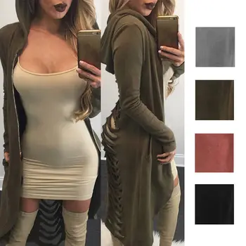 

Women Back Cut Out Cardigan Long Sleeve Ripped Back Long Hooded Hoodie Ponchos Clothes Outfits