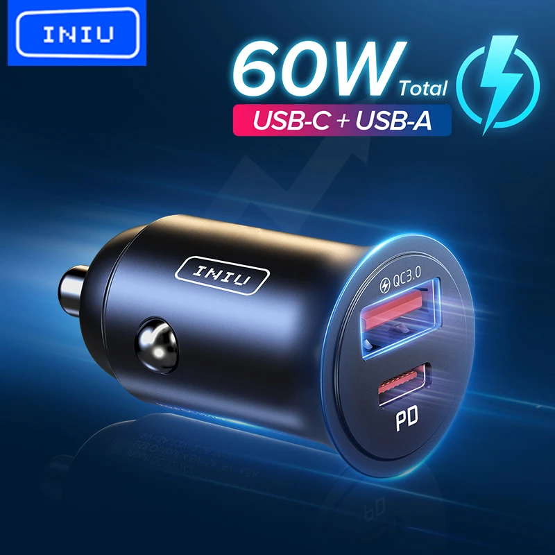 Fast charge 18w INIU 60W USB Car Charger 5A Type C PD QC Fast Charging Phone Adapter For iPhone 13 12 11 Pro Max 8 Xiaomi Samsung S21 S20 S10 S9 quick charge 3.0