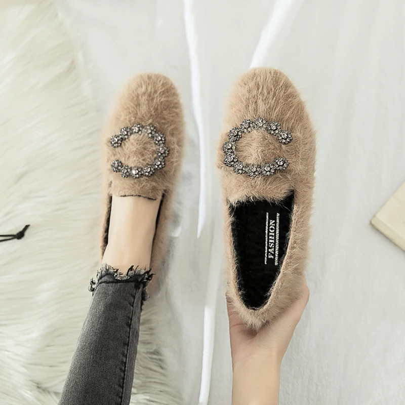 

2019 Fashion Women's Female Shoe Metal Chain Loafers Fur Casual Woman Platform Shoes Slip-on Square Toe All-Match Crystal Modis