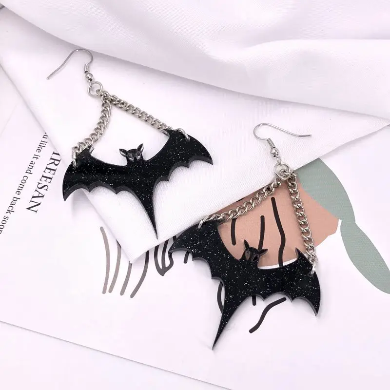 

New Cool Punk Black Bat Glitter Powder Acrylic Drop Earrings Exaggerated Animal Long Tassel Dangle Earrings Halloween Earrings