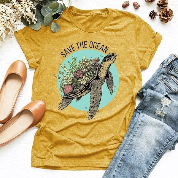 

ATEEZ SAVE THE OCEAN Letter Sea Turtle Growing Coral Print T shirt Women Cute Graphic tshirt Causal Harajuku Vintage female tops