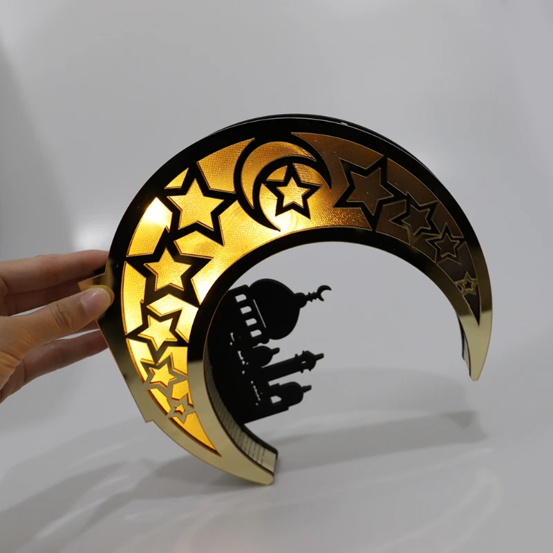 Wooden Eid Mubarak Ramadan Decoration Moon Plate with LED Light Islamic Muslim | Дом и сад