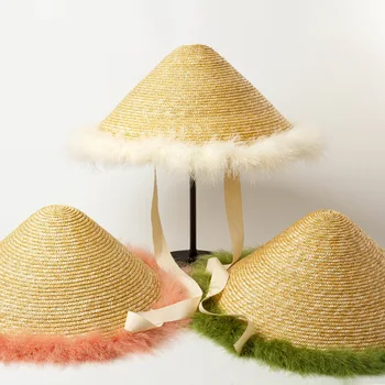 

New Feather Sideband Bandage Wheat Straw Bucket Hat Outdoor Sun Protection Sun Bucket Straw hat lady