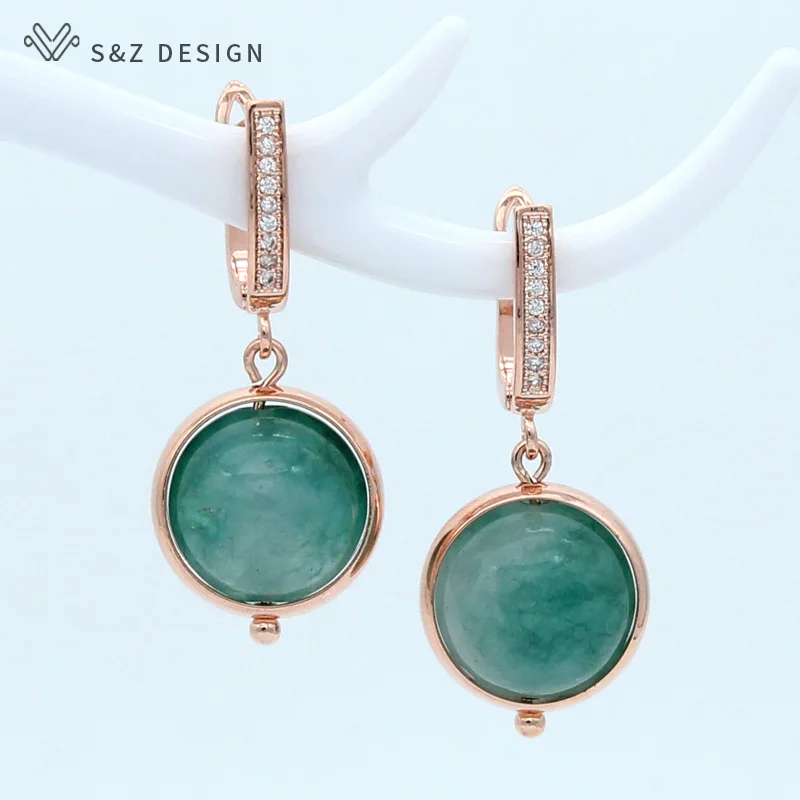

S&Z Trendy 585 Rose Gold Natural Round Stone Dangle Earrings Europe America Temperament For Women Girl Daily Accessories Jewelry