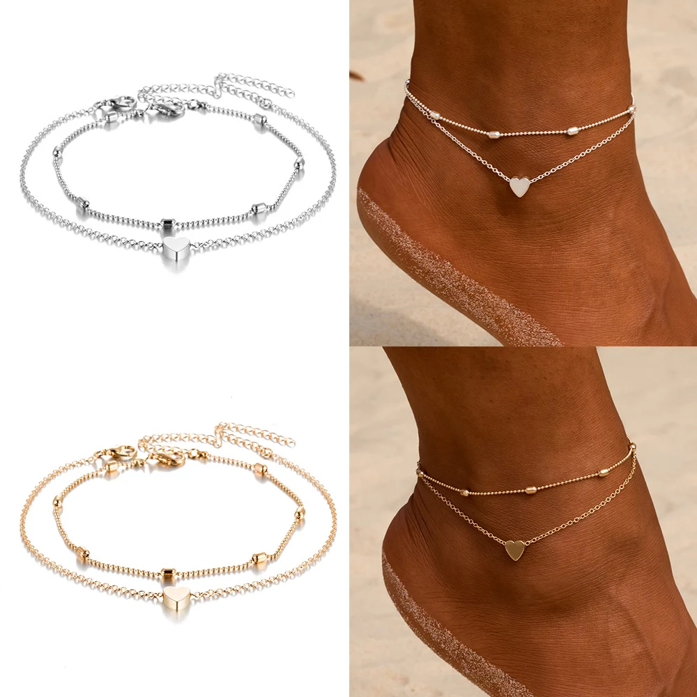 Anklets Bracelet Link-Chain Leg Foot-Jewelry Gold Silver-Color Beach Women Holiday Heart