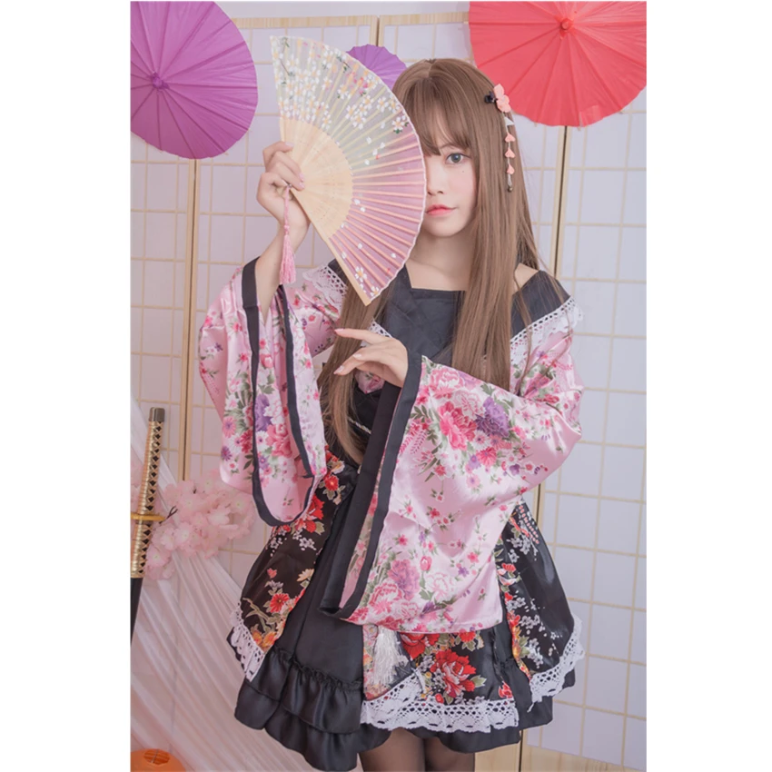 Pink Lovelive/кимоно для девочек; платье японского аниме Kawaii; маскарадные костюмы с цветочным рисунком; причудливая Восточная юката; женская кружевная праздничная одежда в стиле Лолиты - Цвет: Pink