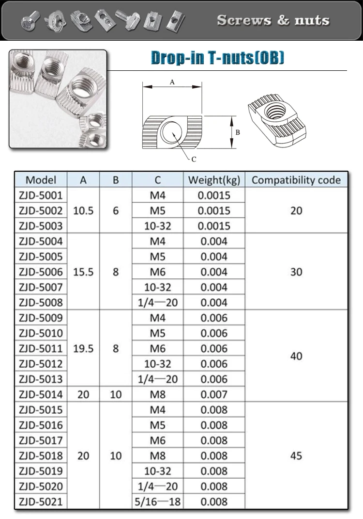 M5 Drop-in T-nut ZJD-5005 OB for Aluminium T slot Accessory