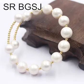 

Free Shipping SR 10-12mm Fashion Jewelry Round White Edsion Natural Cultured Pearl Beads Memory Wire Adjustable Bracelet 24cm