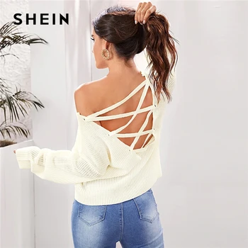 SHEIN бежевый Однотонный свитер на завязке с открытой спиной для женщин Осень Зима V образным вырезом с длинным рукавом Highstreet сексуальные свит...