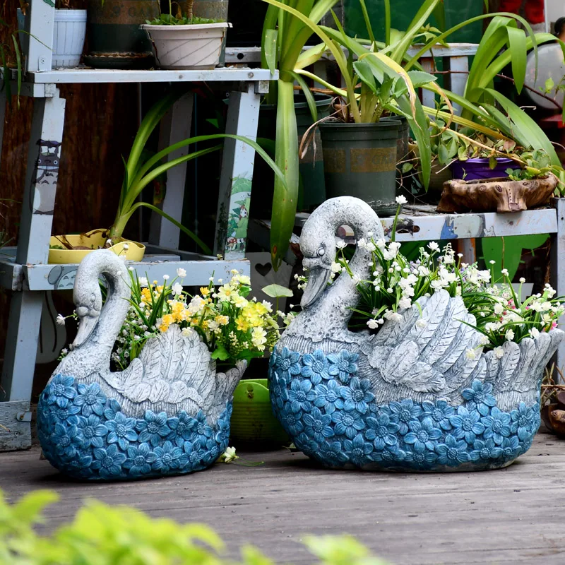 Garden Decoration Courtyard Magnesium Oxide Retro Blue Swan Sculpture Flower Pot Garden Park Landscape Outdoor Sculpture
