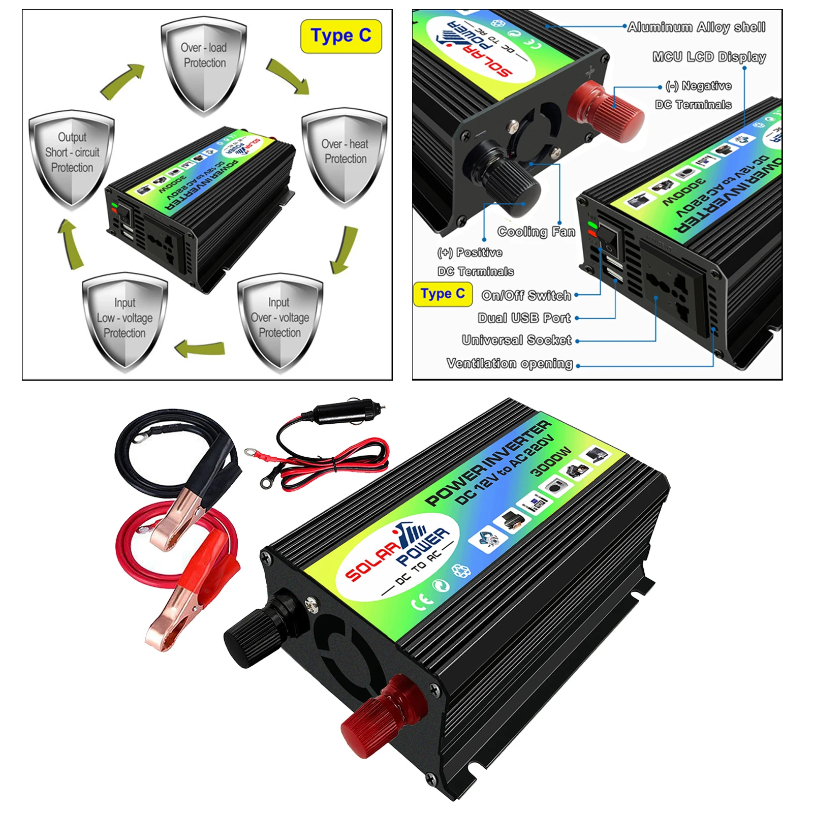 300W Car Power Inverter Converter DC 12V AC 220V Voltage Transformer Power Converter 2 USB Ports Adapter Portable Auto Modified