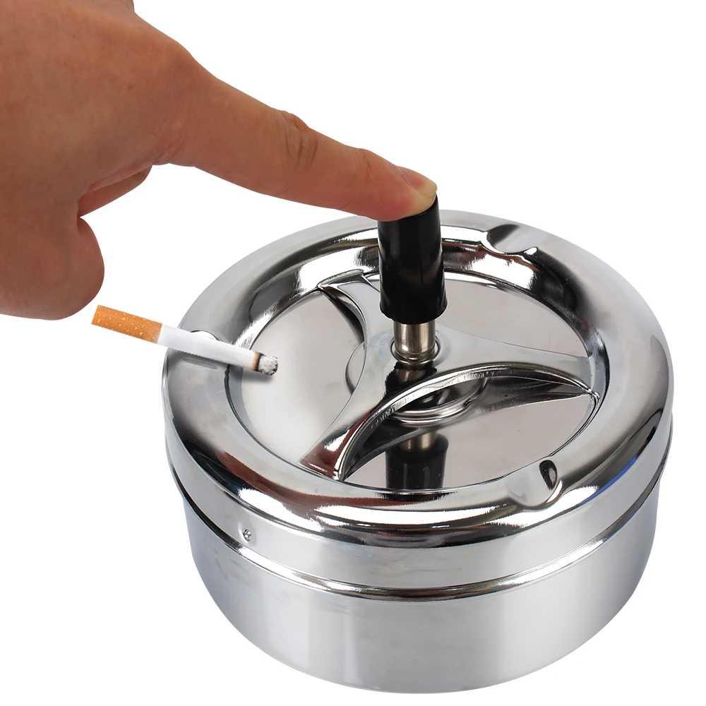 Cigarettes Ashtray Spinning Plain Ashtray Stainless Steel For Home Office Hotel Press Rotating Lid Stainless Steel Ashtray Metal Ashtray