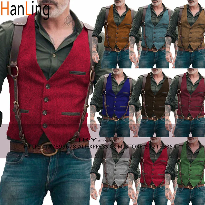 Men's Suit Vest Groom Wedding Sleeveless Slim Fit Jacket Herringbone Steampunk Waistcoat Wool