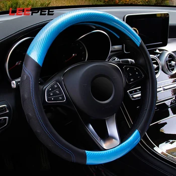 

LEEPEE Car Steering Wheel Cover 3D Carbon Fiber Splice Leather Soccer Pattern Massage Auto Steering-wheel Cover 37-38cm