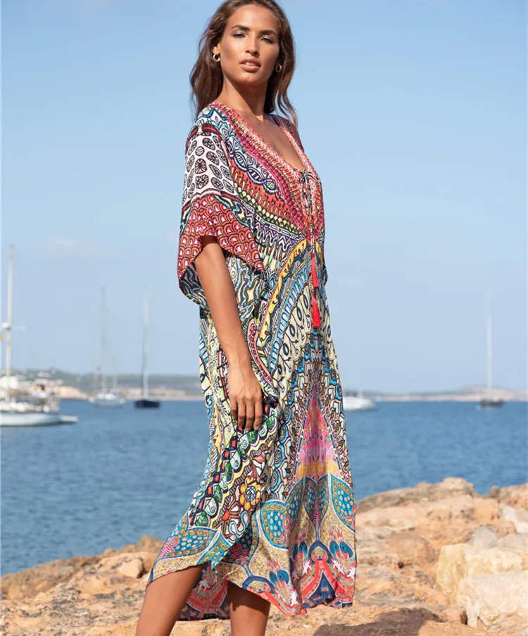 

Europe And America Spandex Quick-Drying Fabric Ethnic-Style Printed Beach Skirt Holiday Long Skirts Bikini Outer Blouse Women's
