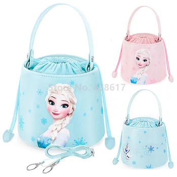 

New Pink Blue Elsa Princess Girls PU Drawstring Handbag Shoulder Messenger Bag Small Crossbody Bucket Women Bags