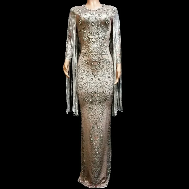 

New Sparkly Crystals Long Dress Evening Party Rhinestones Dresses Birthday Celebrate Costume Fringes Dress Women Formal Clothing