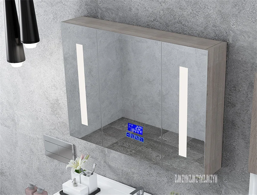 90/100/110/120/130 см умный шкаф с зеркалом для противотуманные современный Ванная комната закаленное Стекло твердой древесины настенный шкаф 110 V/220 V