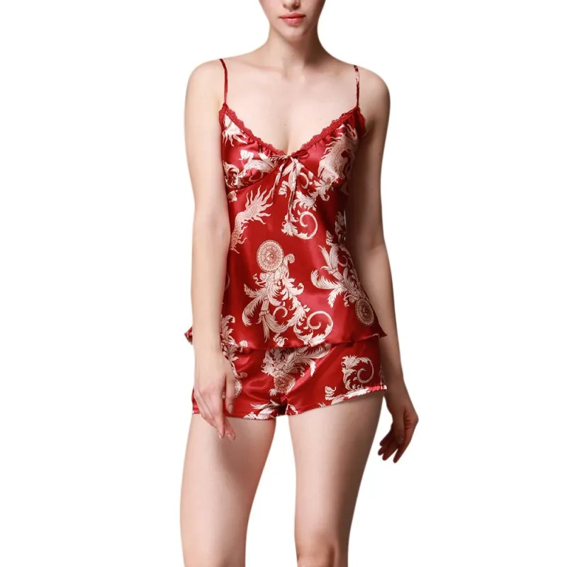 Women Summer Sling Pajamas Set Short Sexy Loose Silk Print Strap Shorts Home Service