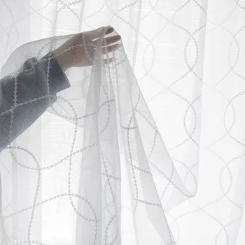 

White Geometric Curve Embroidered Curtain for Kitchen Living Room Bedroom Linen Tulle for Windows Treatment Panel S160&40