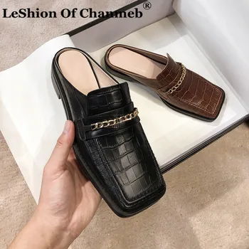 

Gold Metal Chain Loafers for Women Crocodile Cow Leather Mules Woman Small Size 33-43 Slip ons Flats Ladies Casaul Party Shoes