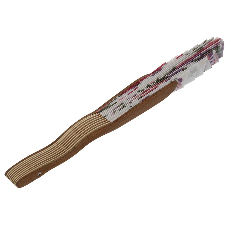 Fashion-Beige Bamboo Ribs Flower Printed Seashell Shape Folding Hand Fan White