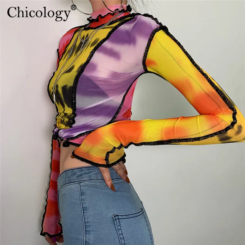 Chicology галстук краситель печати сетки Сексуальная футболка Лоскутная Эстетическая футболка с длинными рукавами осень зима женские топы вечерние клубная одежда