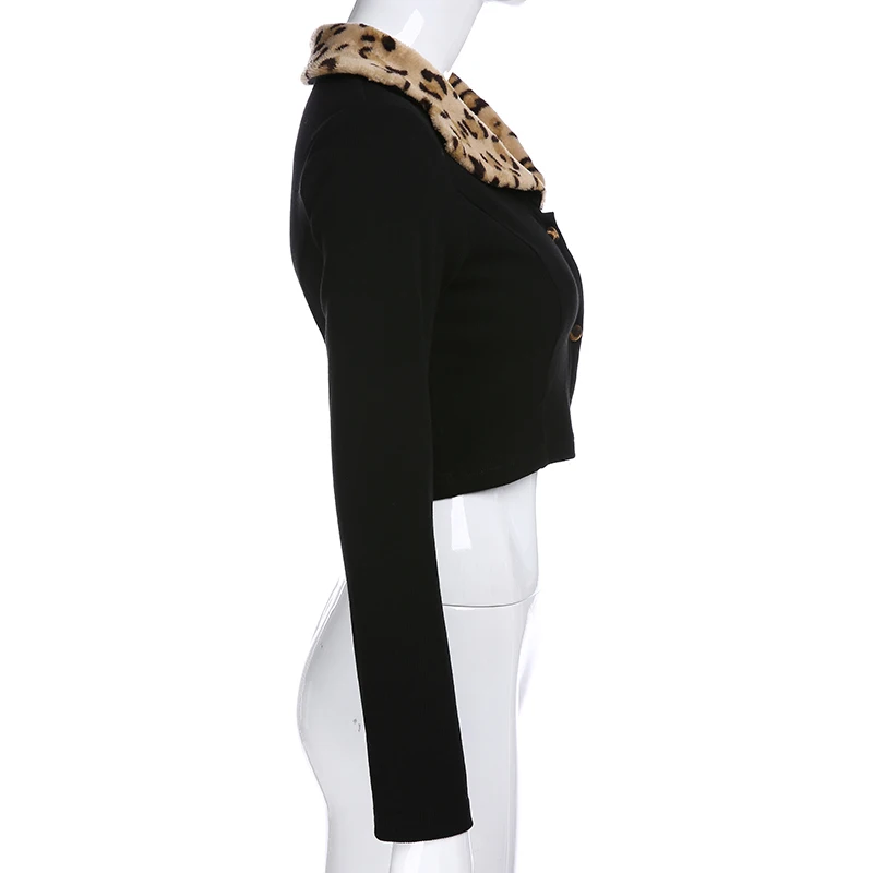 lower price  Sweetown Patchwork Leopard Fur Collar Autumn Jacket Women Black Long Sleeve Single-Breasted Womens 