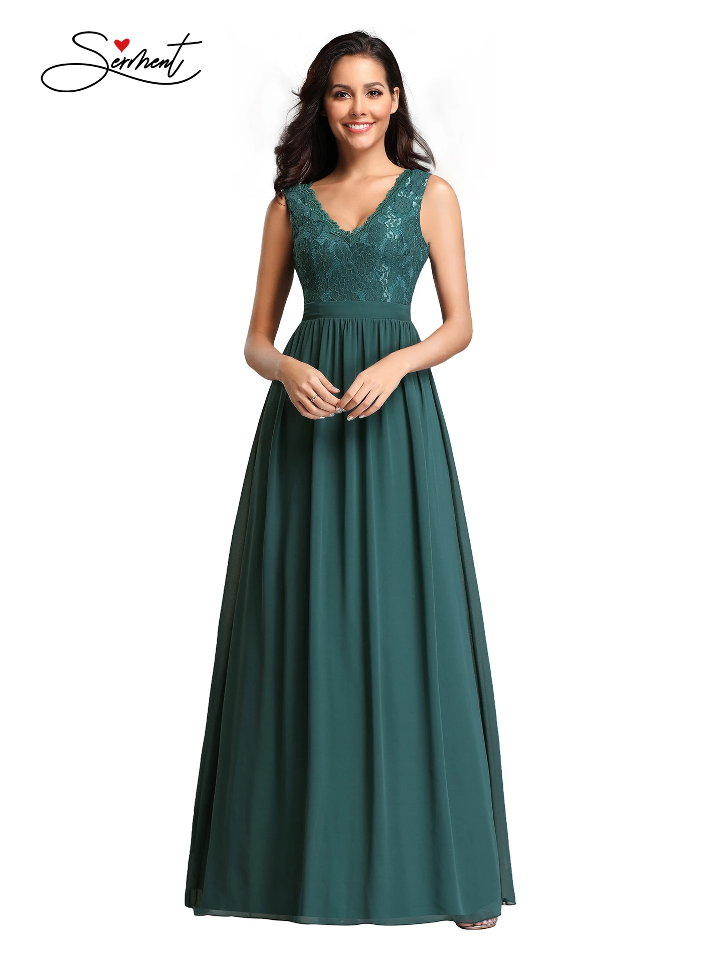 

OLLYMURS New Elegant Woman Evening Gown V-neck Sleeveless Lace Panel Evening Dress Suitable for Formal Parties