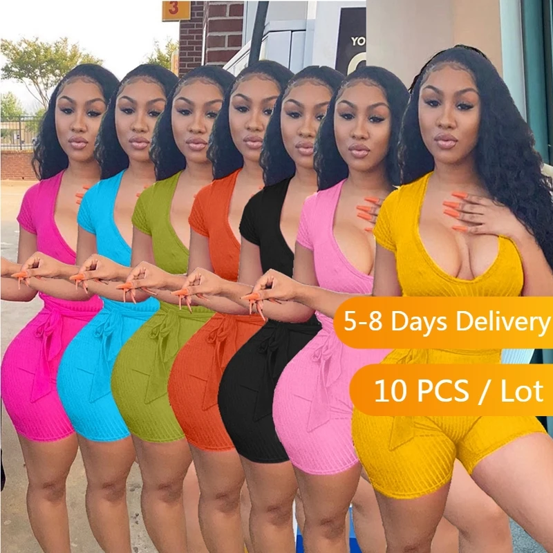 

Bulk Items Wholesale Lots Ribbed Fashion Rompers Playsuits Women Summer V Neck Sexy Jumpsuit Clubwear Bodycon Jumpsuit Sashes