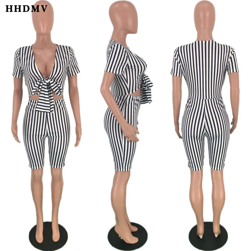 HHDMV GTK16003 уличный стиль комбинезоны с коротким рукавом глубокий v-образный вырез бант на шнуровке полые полосатые белые комбинезоны, короткие брюки