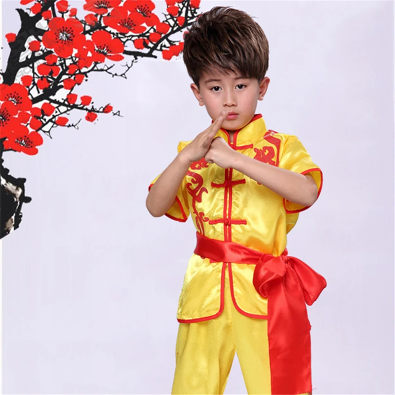 Yellow short Traditional Chinese Style Kung Fu Wushu Clothing Kids Stage Party Performance Team Dance Wear Hanfu Tai Chi Competition Uniforms - Цвет: Yellow short
