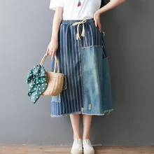 Лоскутная винтажная женская джинсовая юбка, длинная, весна, уличная одежда, эластичная талия, Saia Longa, женская джинсовая юбка, AQ881