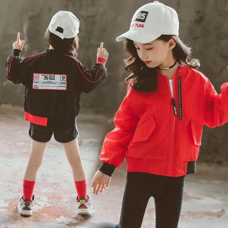 

2019 Hot Sale Spring Autumn Personalized Patch Jacket&Coats For Kids Girl Red Black Fashion Korean Outerwear Top 4 To 12 T