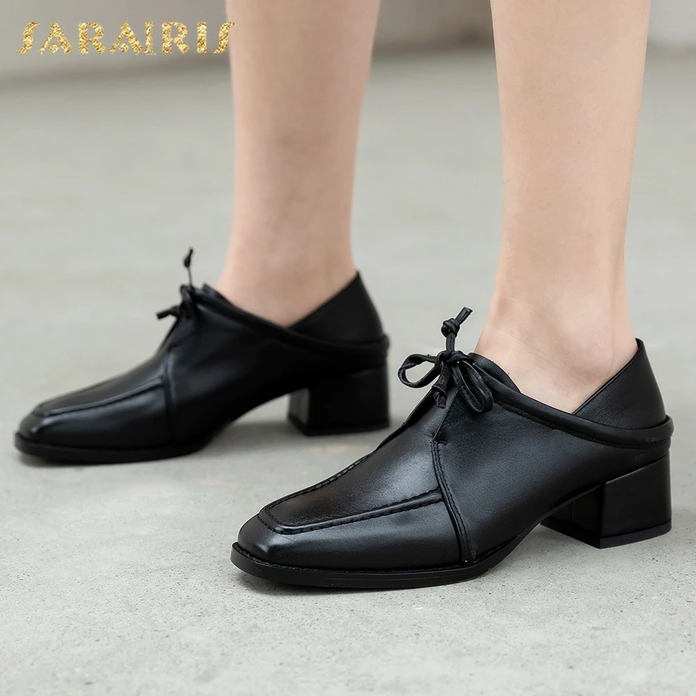 

Sarairis New Fashion 2020 Genuine Leather Chunky Heels Shoes Woman Pumps Female Lace Up Black Office Lady Pumps Women Shoes