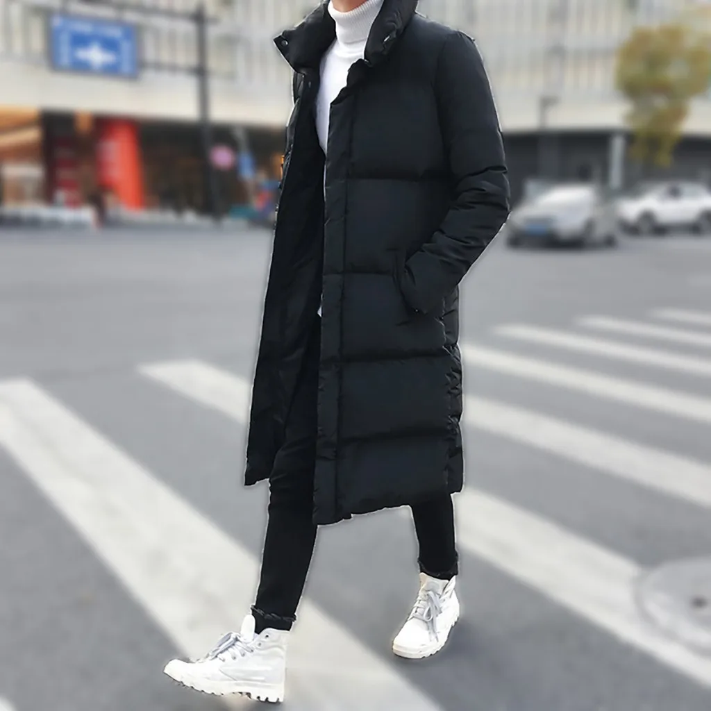 Модное повседневное мужское хлопковое пальто, зимнее пальто средней длины, чистый цвет, длинная утолщенная куртка на молнии с пуговицами, ватник, пальто, топы