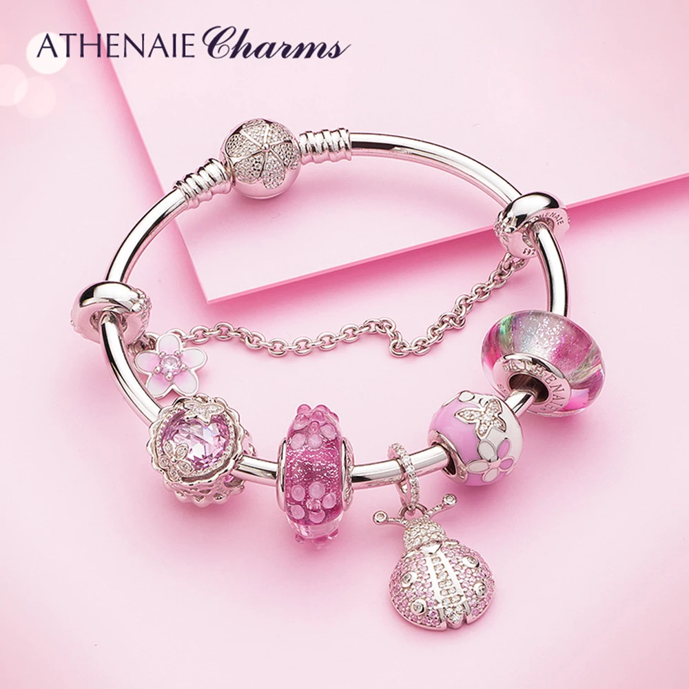 ATHENAIE 925 Sterling Silver Pink CZ and Enamel Cherry Flower