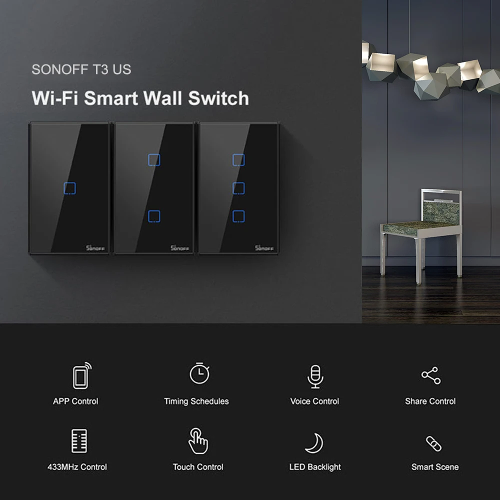 SONOFF T3US1C-TX 1/2/3 смарт-переключатель RF Дистанционное управление Беспроводной Wi-Fi панель переключения нам Стандартный для Google Home/Nest Alexa