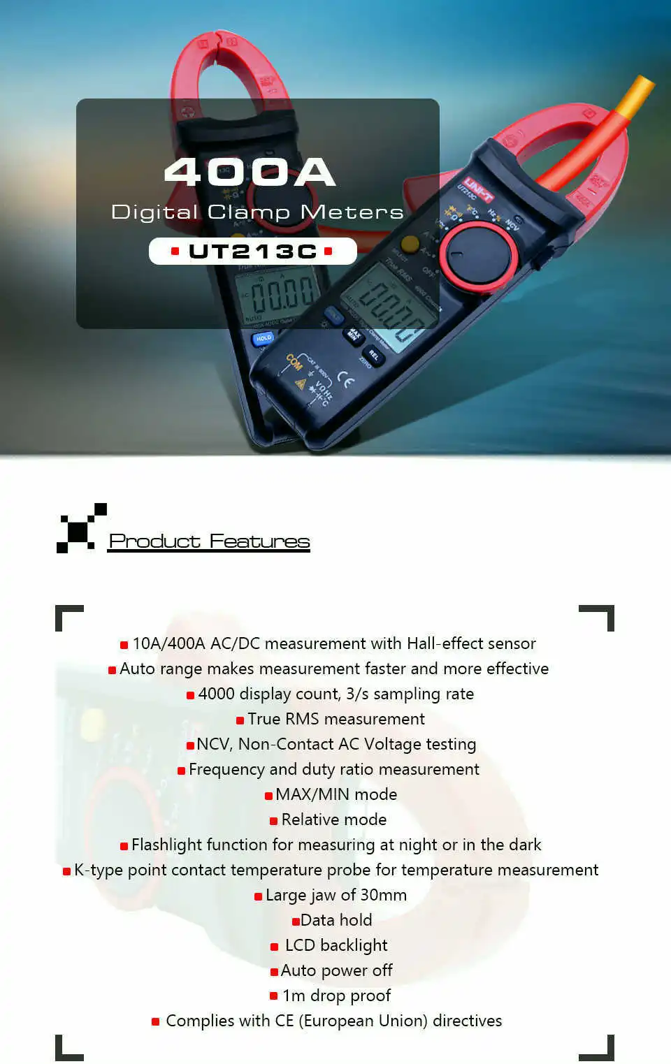 Цифровой клещи UNI-T UT213C True RMS 400A AC DC ток тестер напряжения/сопротивление/Емкость/температура зажим мультиметр