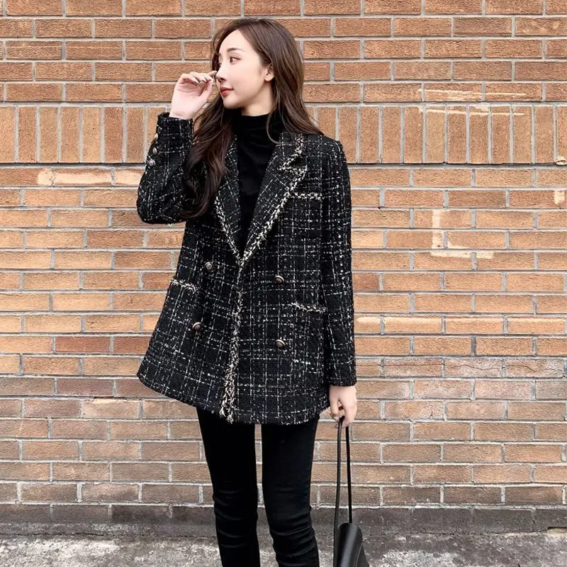 

LLZACOOSH New Arrival Women Tweed Coat Femme 2021 Fashion Runway Autumn Winter Notched Collar Black Tassel Jacket Outwear