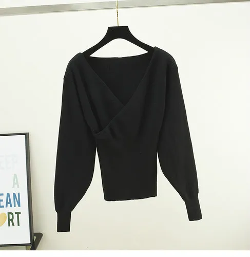 black pullover Woherb Новинка осень зима женские свитера Глубокий v-образный вырез сексуальная Элегантная туника топы Модные Корейские вязаные однотонные пуловеры - Цвет: black pullover