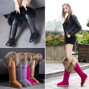 

Thigh High Snow Boots Women Winter Low Heels Boot Real FoxFur Decoration Warm Shoes Woman Cross Strap Over Knee Boots