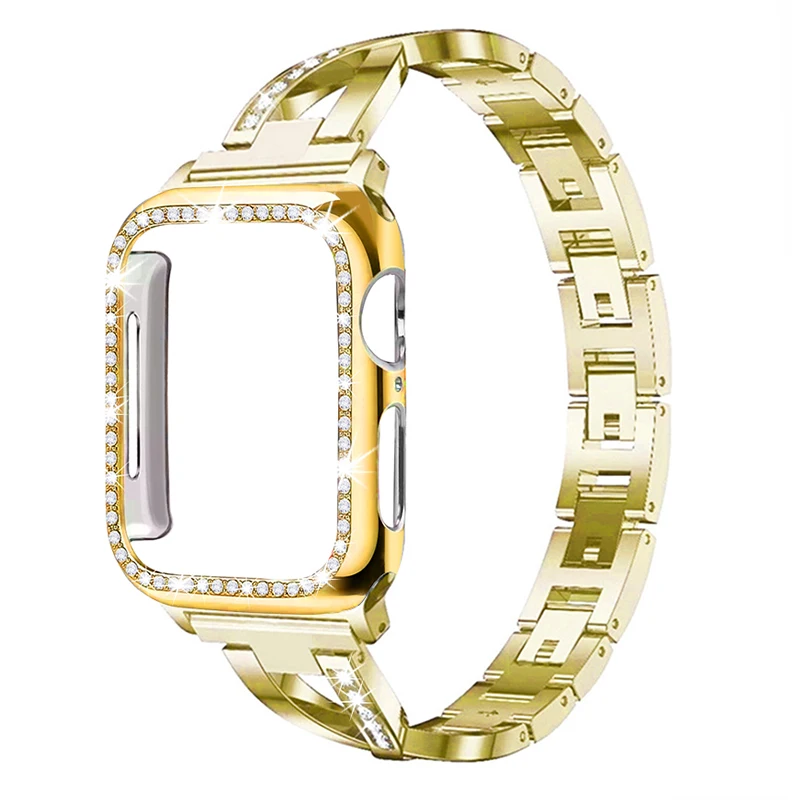 Для Apple Watch ремешок для женщин+ чехол 38 мм/42 мм/40 мм/44 мм с бриллиантами iwatch серия ремешок из нержавеющей стали 5 4 3 2 1 браслет - Цвет ремешка: Golden